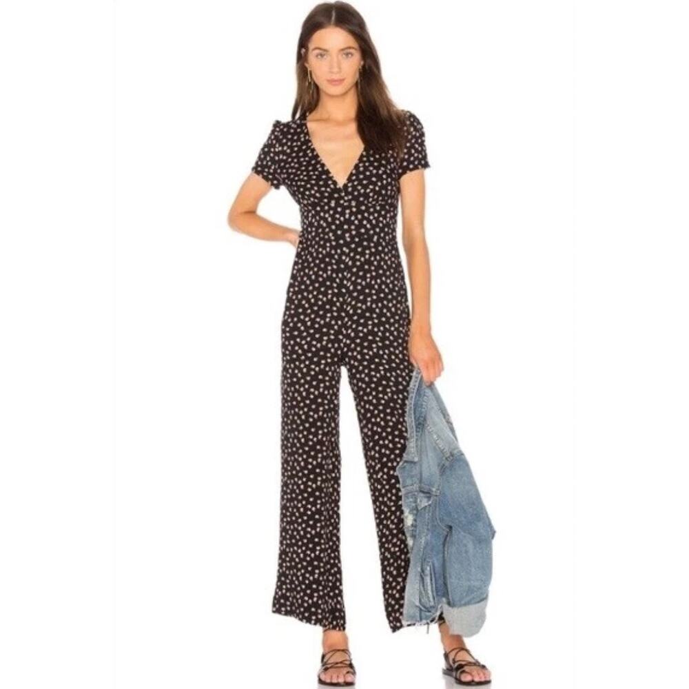 Free People Mia Jumpsuit Black Rosette Floral Wide Leg 4 Feminine Cottage‎ Small